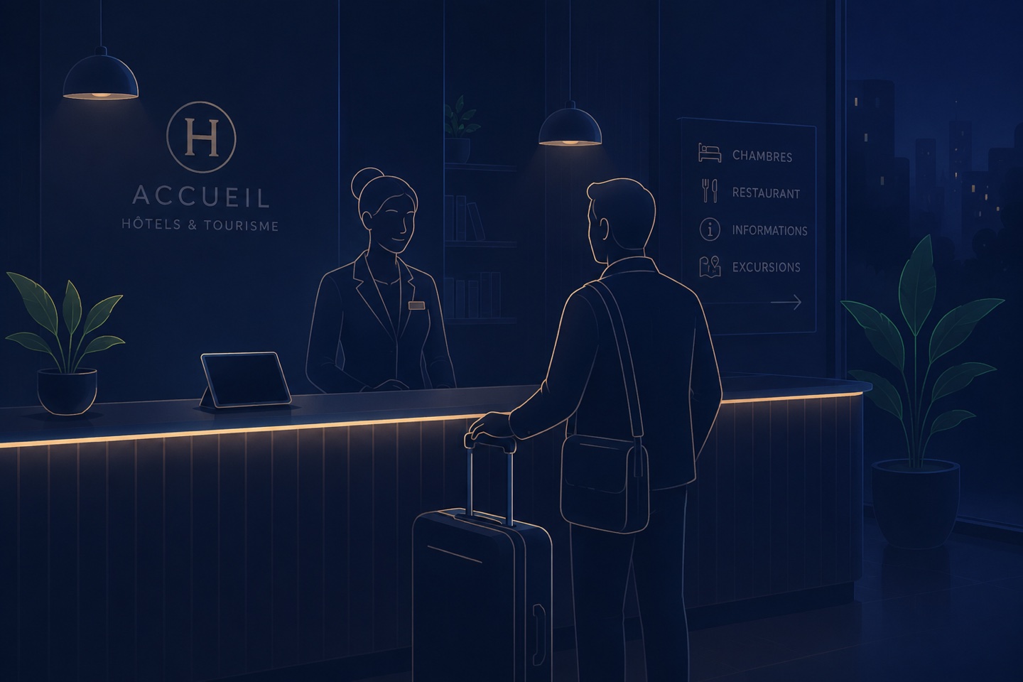 Accueil d'hôtel — traduction en direct sur l'iPad du comptoir